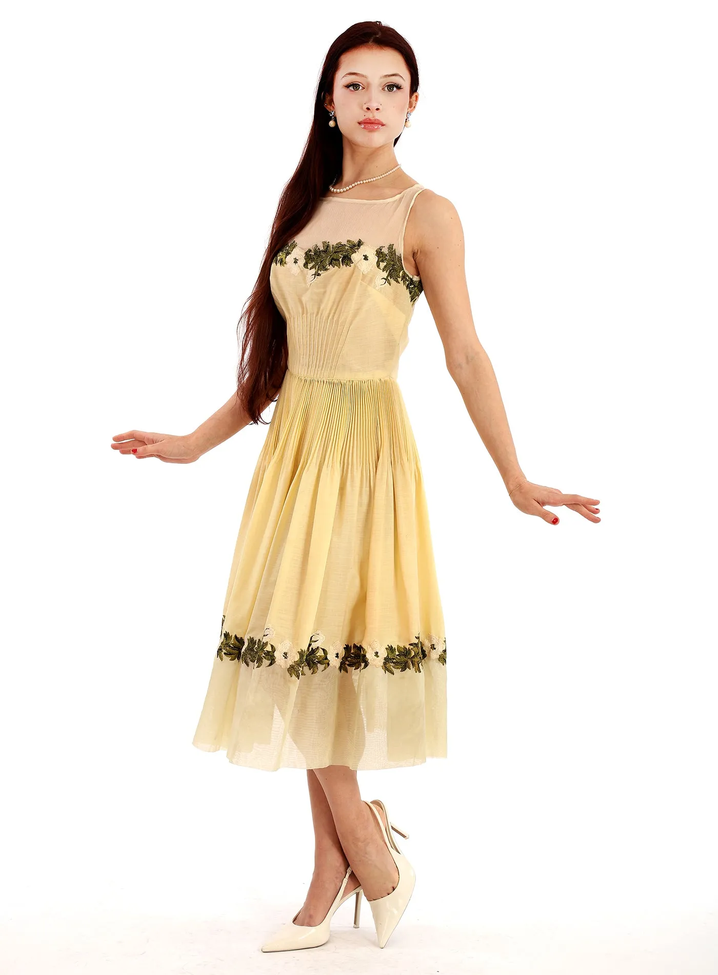 50s Yellow Pleated Embroidered Fit & Flare Dress
