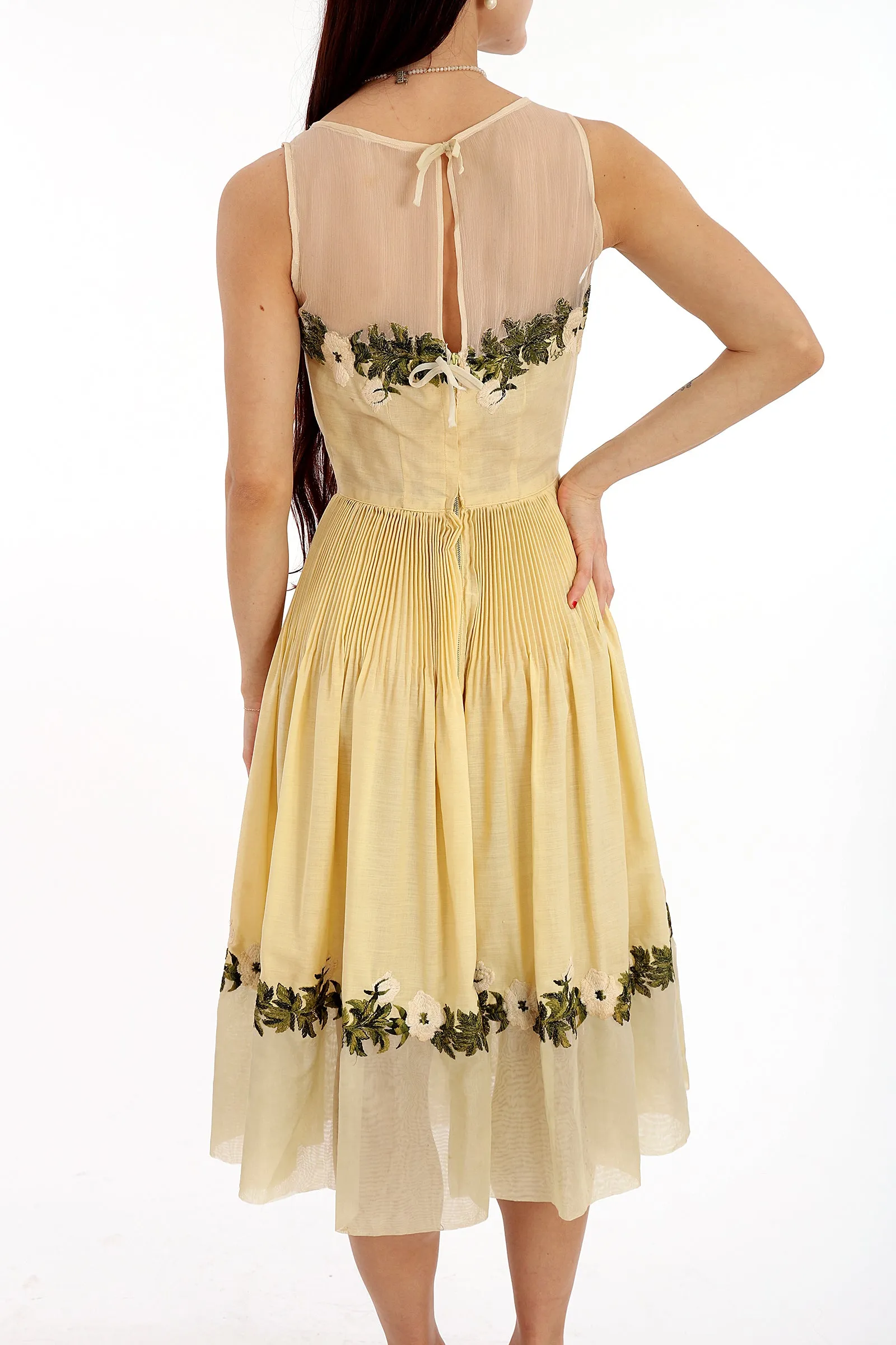 50s Yellow Pleated Embroidered Fit & Flare Dress