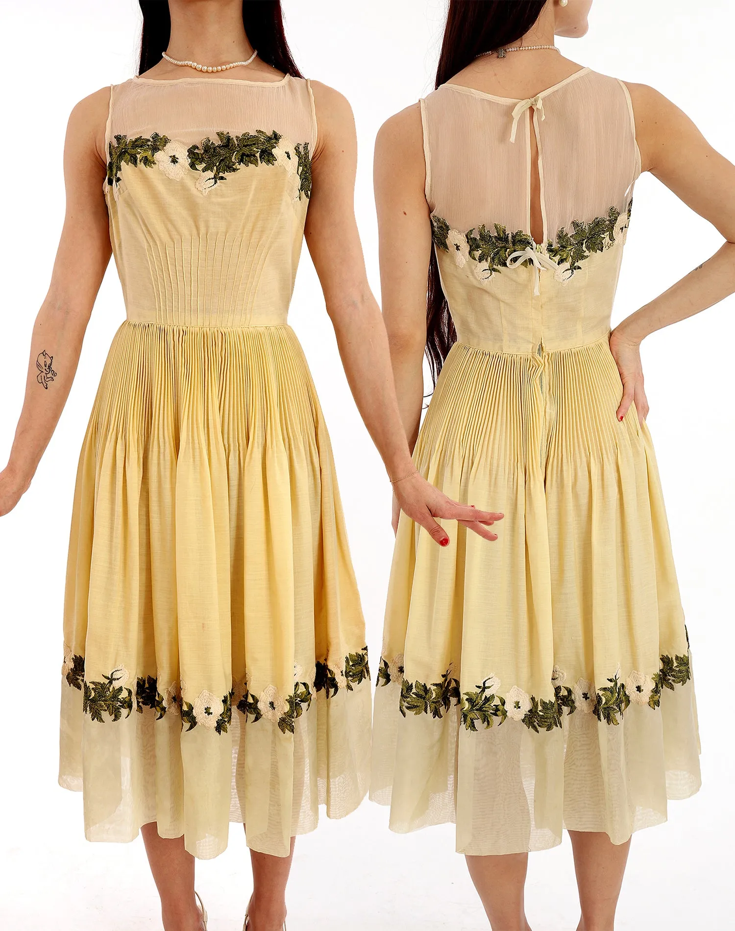 50s Yellow Pleated Embroidered Fit & Flare Dress