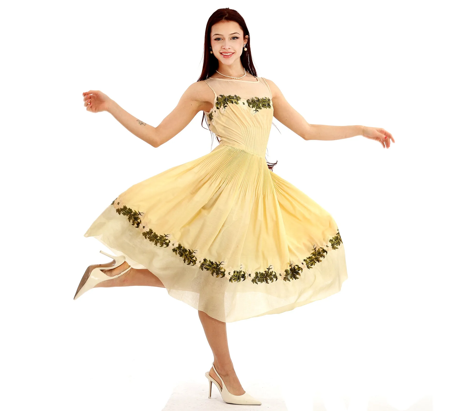 50s Yellow Pleated Embroidered Fit & Flare Dress