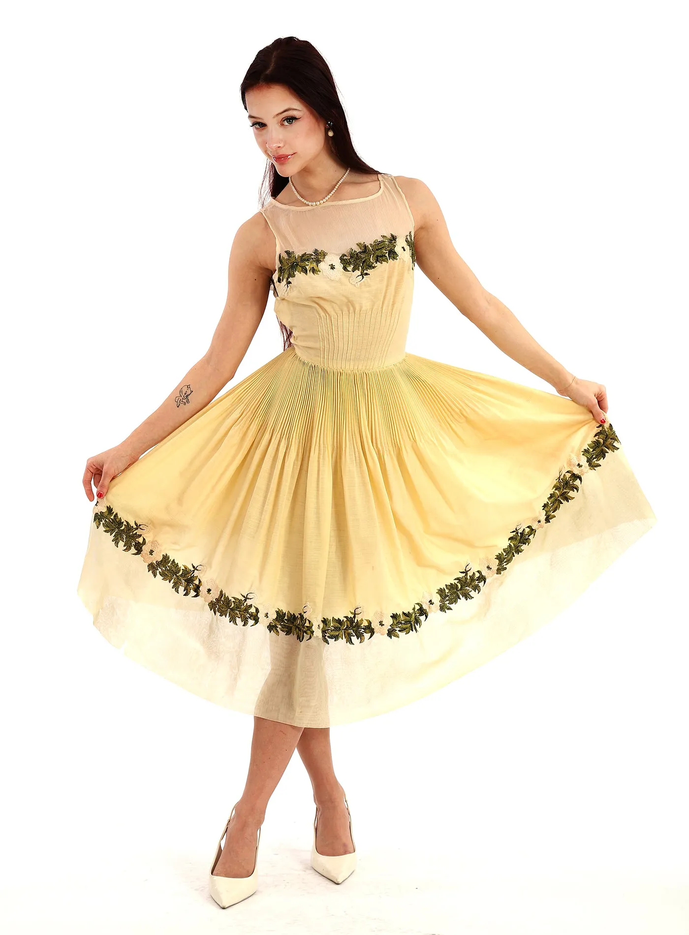 50s Yellow Pleated Embroidered Fit & Flare Dress