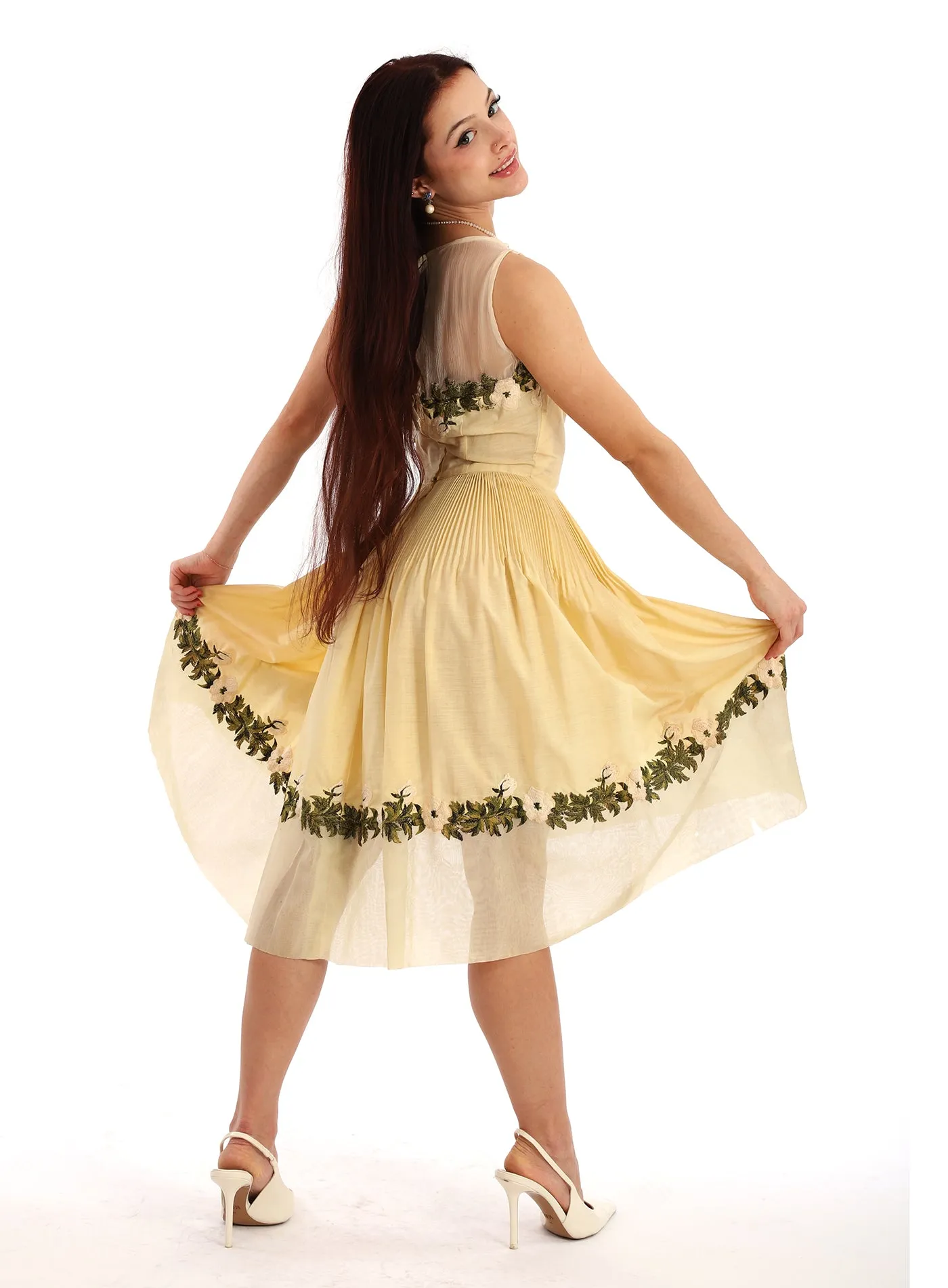 50s Yellow Pleated Embroidered Fit & Flare Dress