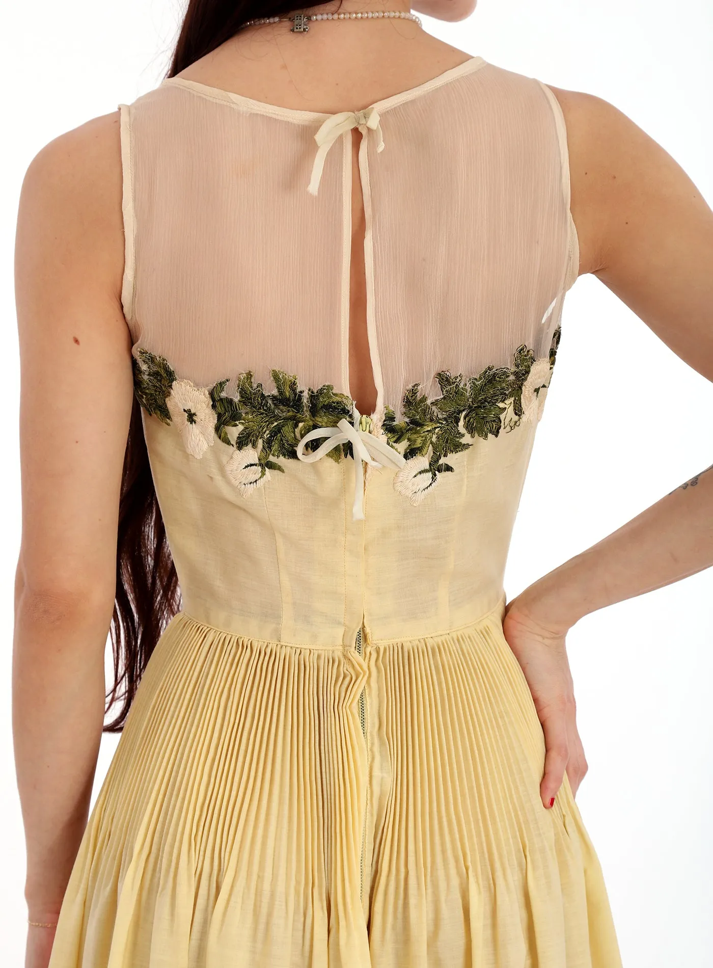 50s Yellow Pleated Embroidered Fit & Flare Dress