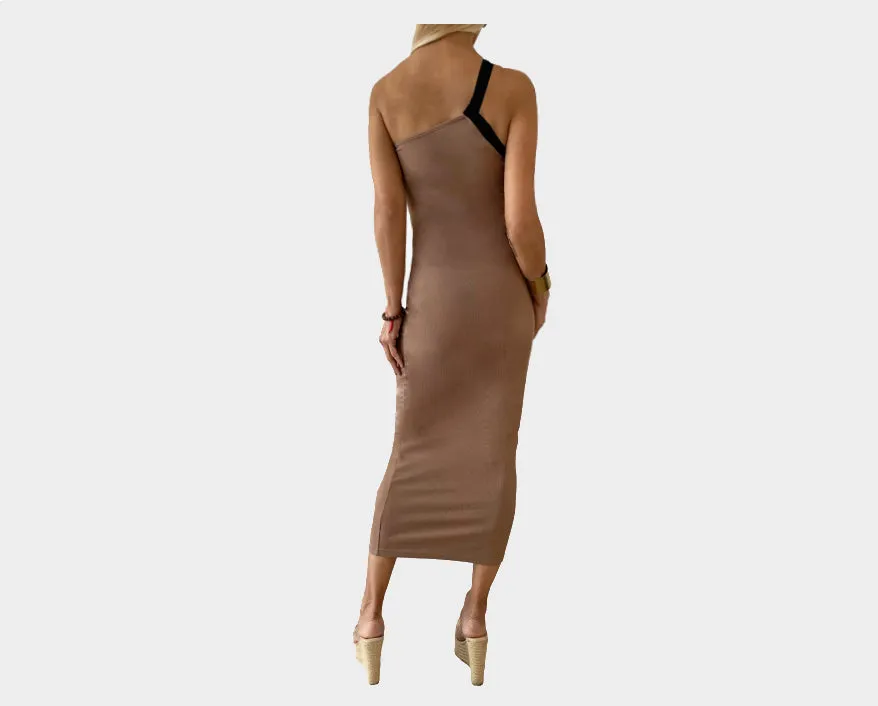 88 Taupe One Shoulder Maxi Dress - The Milano Si