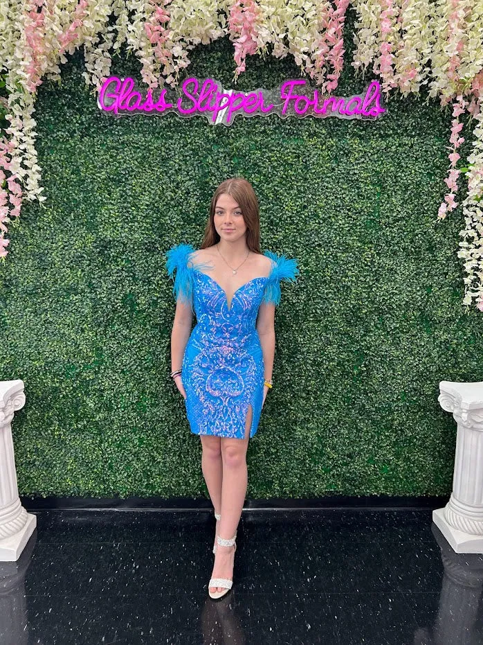 Ava Presley 28212 Short Fitted Sequin Cocktail Dress off the Shoulder Feather Homecoming Gown