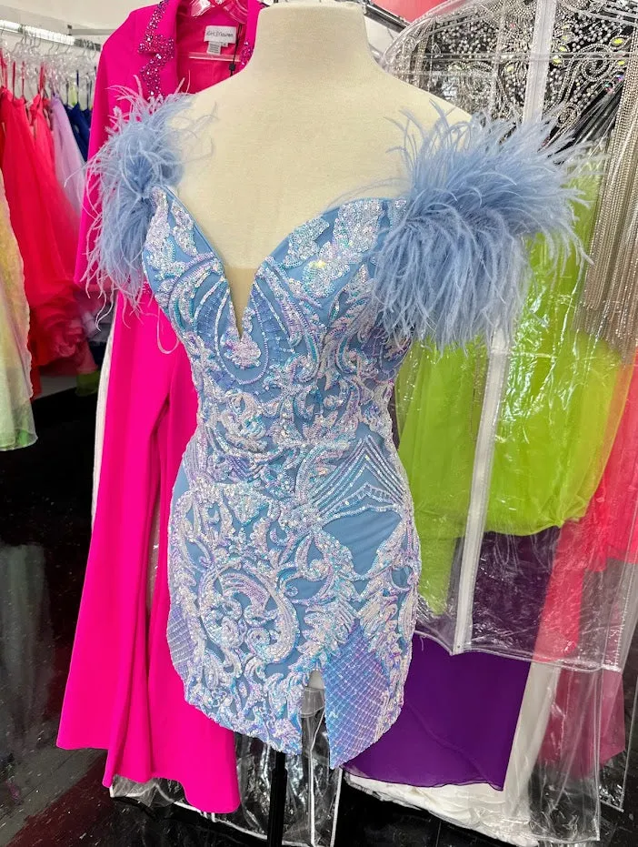 Ava Presley 28212 Short Fitted Sequin Cocktail Dress off the Shoulder Feather Homecoming Gown