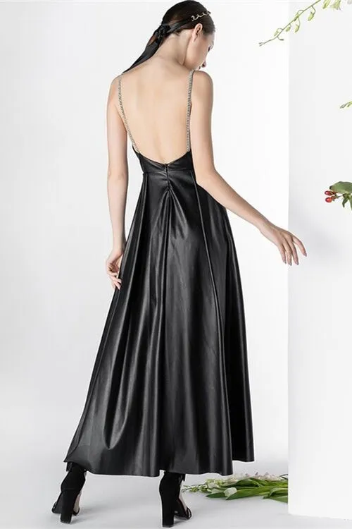 Backless PU Black Long Dress