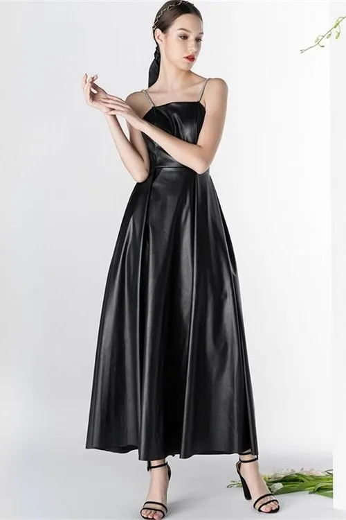 Backless PU Black Long Dress