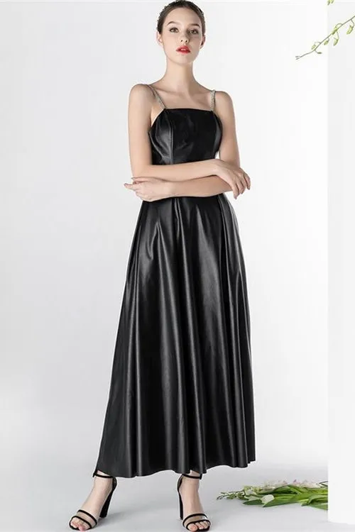 Backless PU Black Long Dress