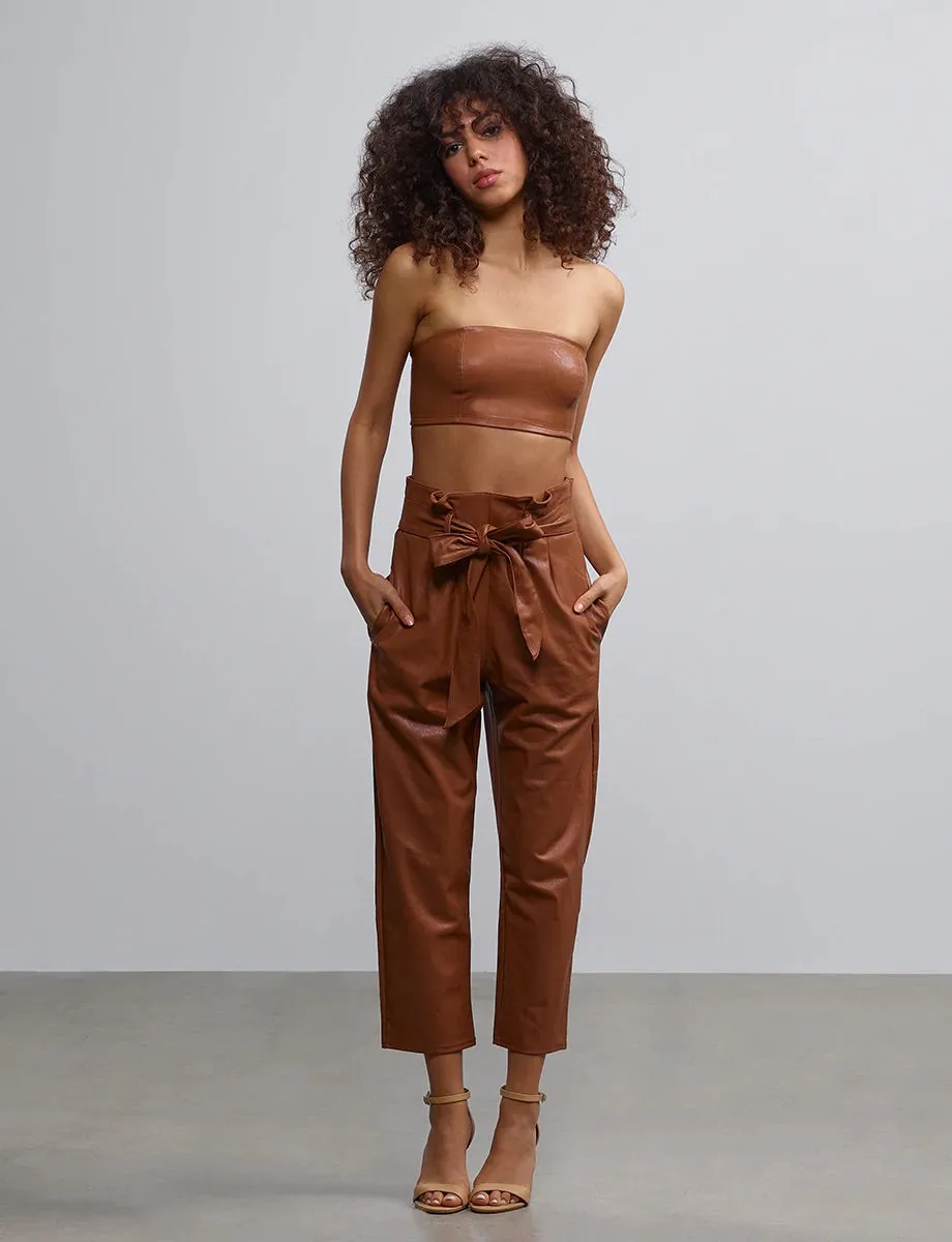 Commando Faux Leather Paperbag Pants- cocoa
