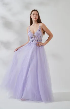 Deep V-neck 3D Lace Flower Sequin Backless Zipper Floor-length Puffy Dress
