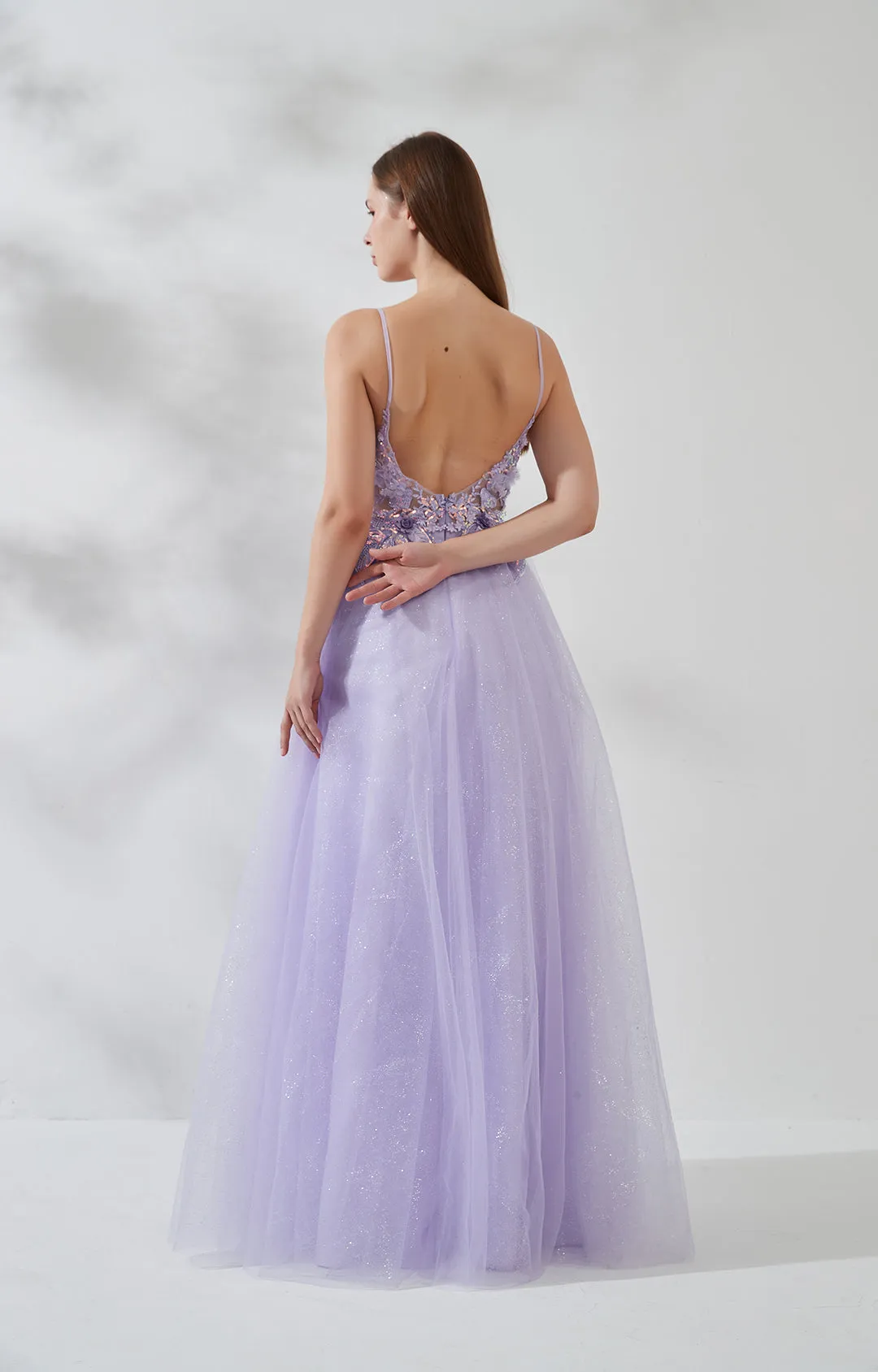 Deep V-neck 3D Lace Flower Sequin Backless Zipper Floor-length Puffy Dress
