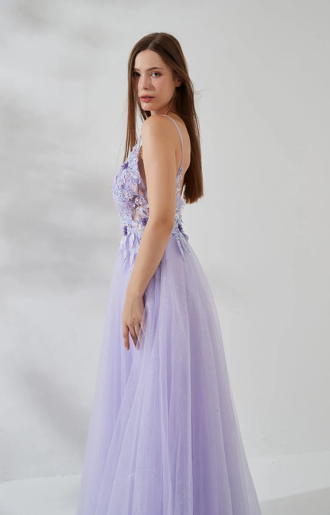 Deep V-neck 3D Lace Flower Sequin Backless Zipper Floor-length Puffy Dress