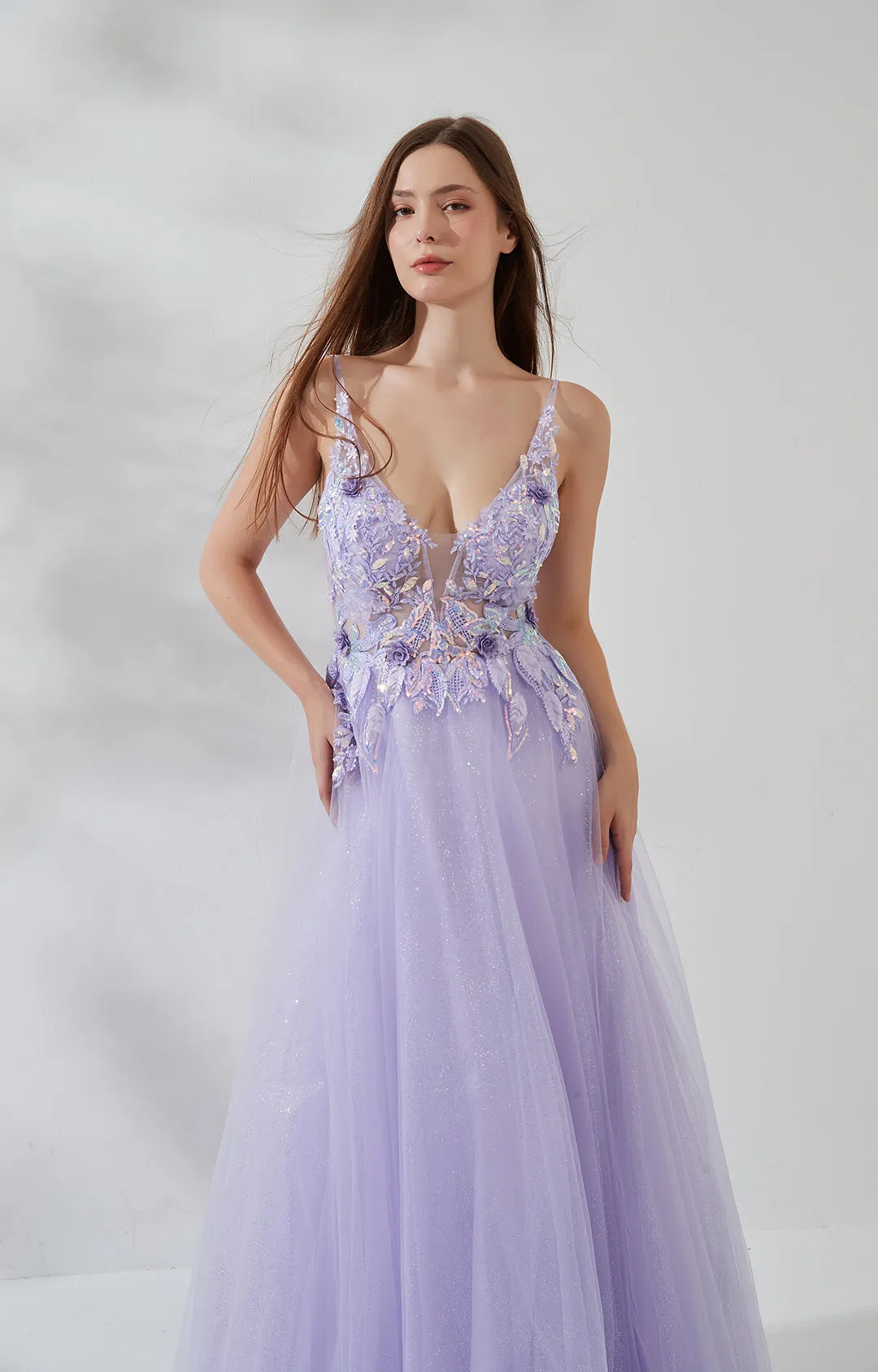 Deep V-neck 3D Lace Flower Sequin Backless Zipper Floor-length Puffy Dress
