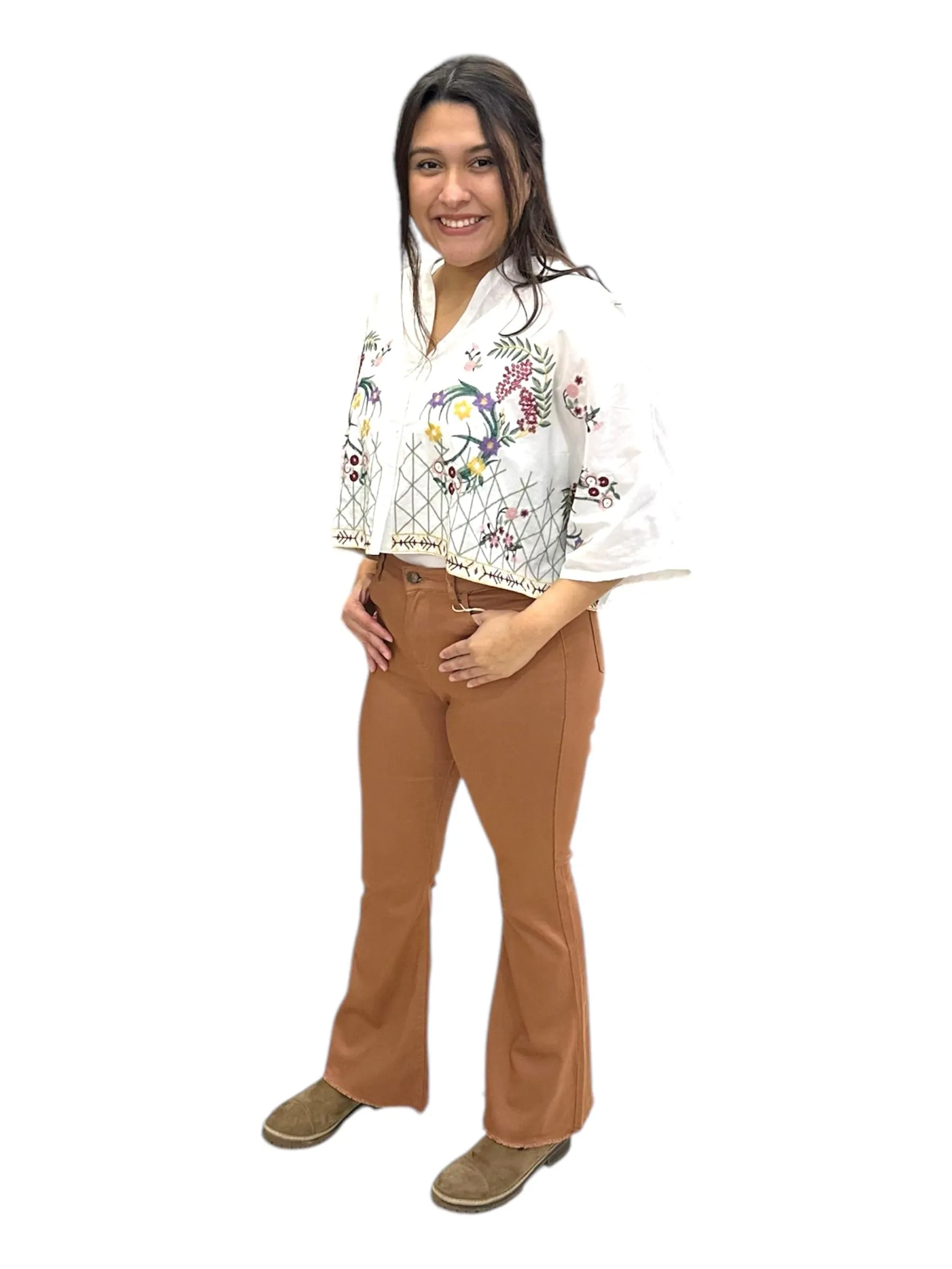 Embroidered Button Front Dolman Top