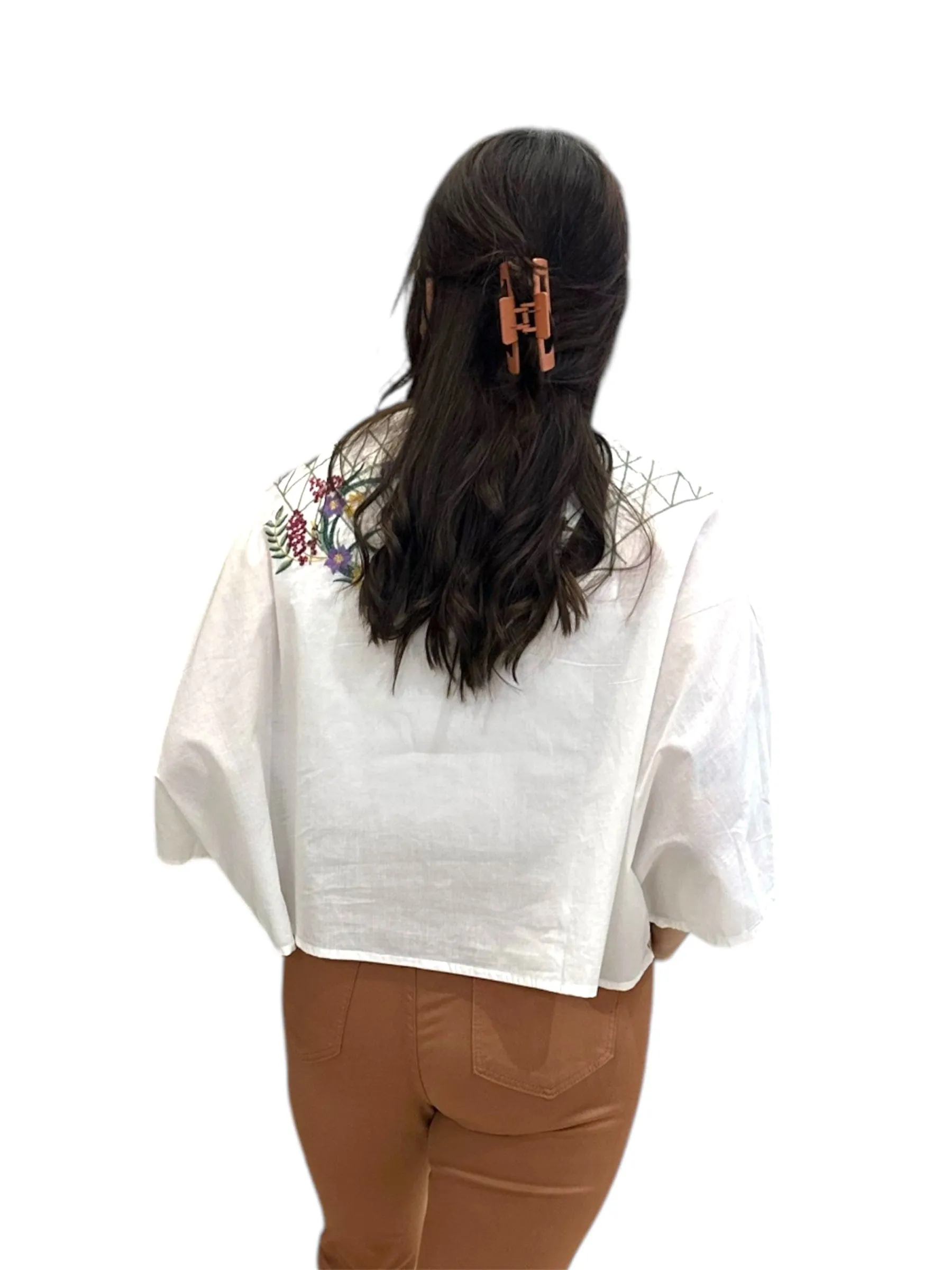 Embroidered Button Front Dolman Top