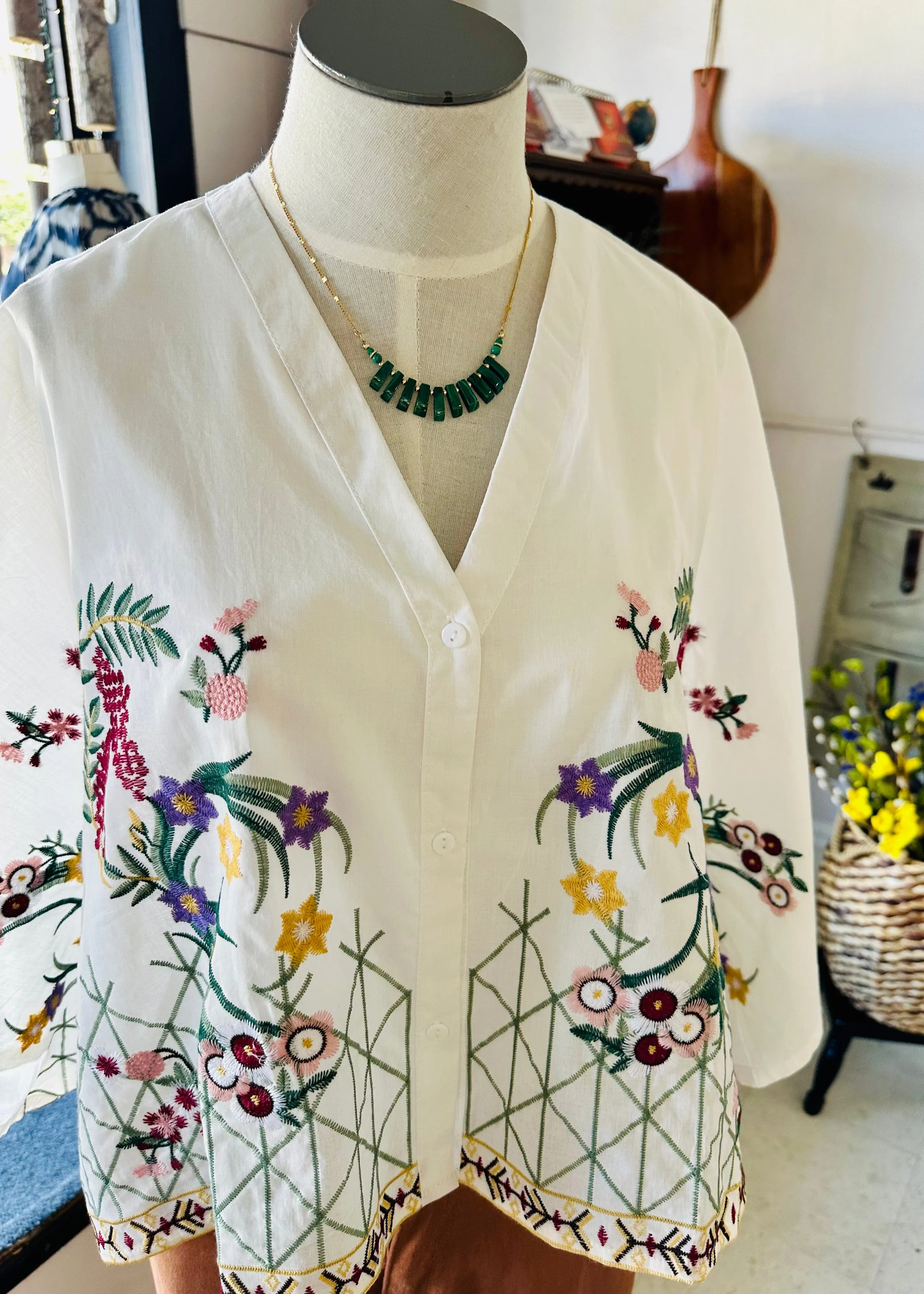 Embroidered Button Front Dolman Top