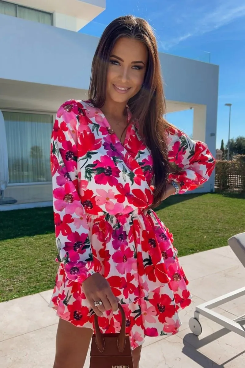 Floral Balloon Sleeve Tiered Skater Dress