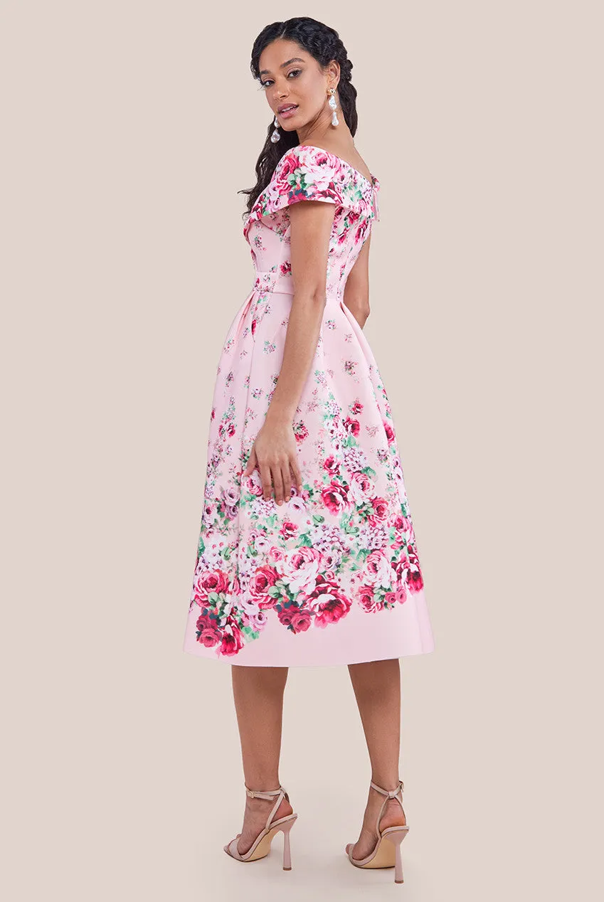 Goddiva Bardot Floral Print A-Line Scuba Foam Midi Dress