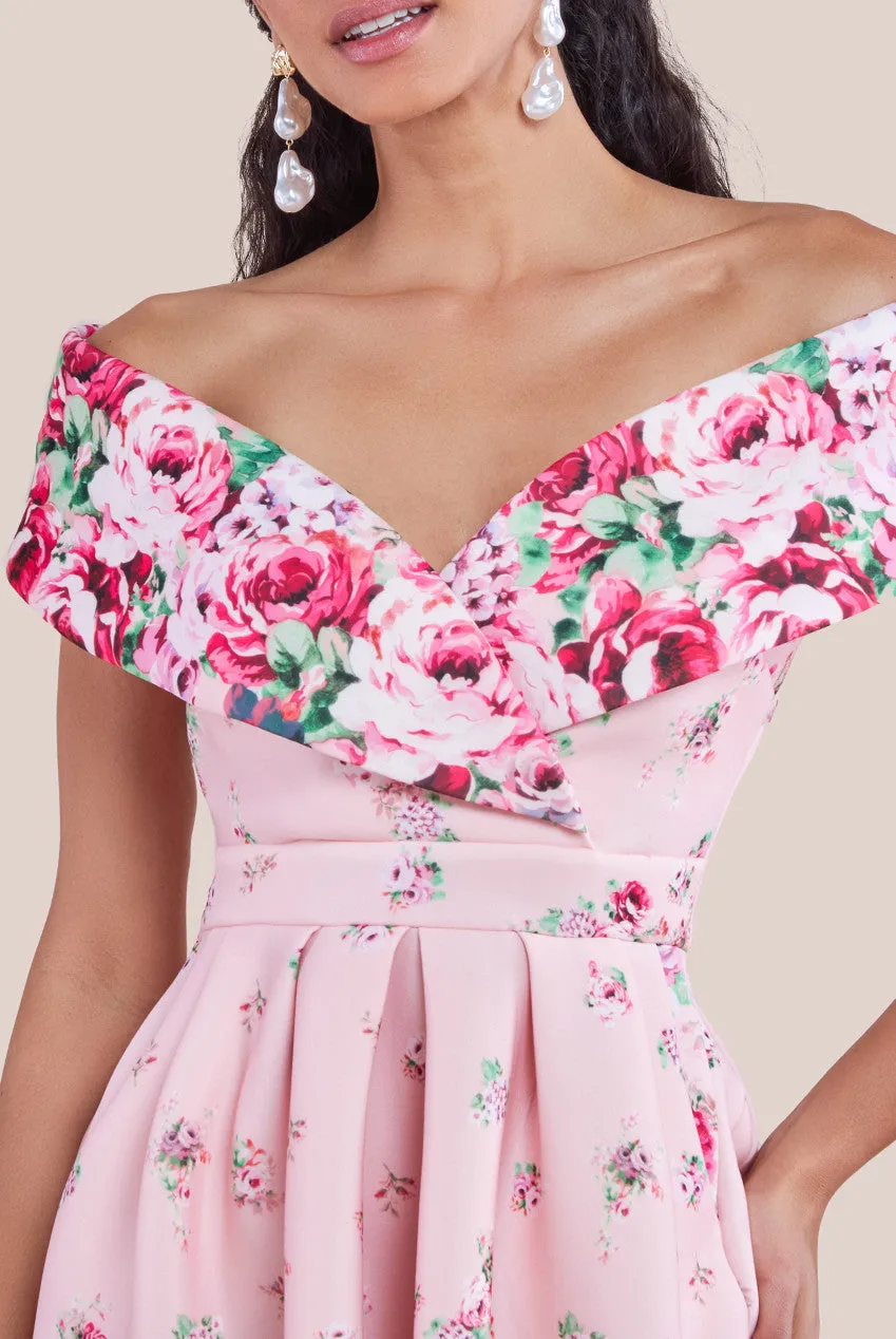 Goddiva Bardot Floral Print A-Line Scuba Foam Midi Dress