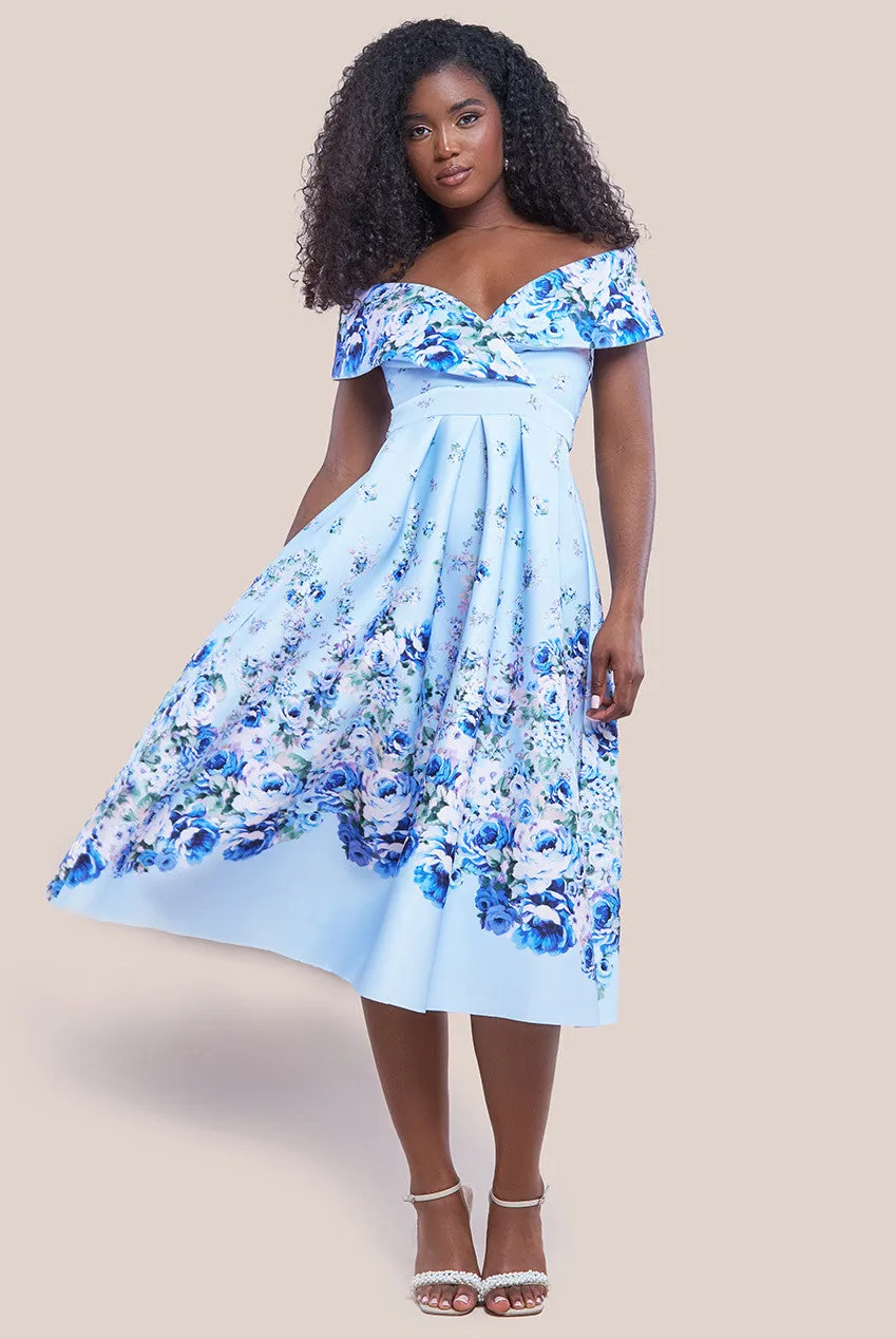 Goddiva Bardot Floral Print A-Line Scuba Foam Midi Dress