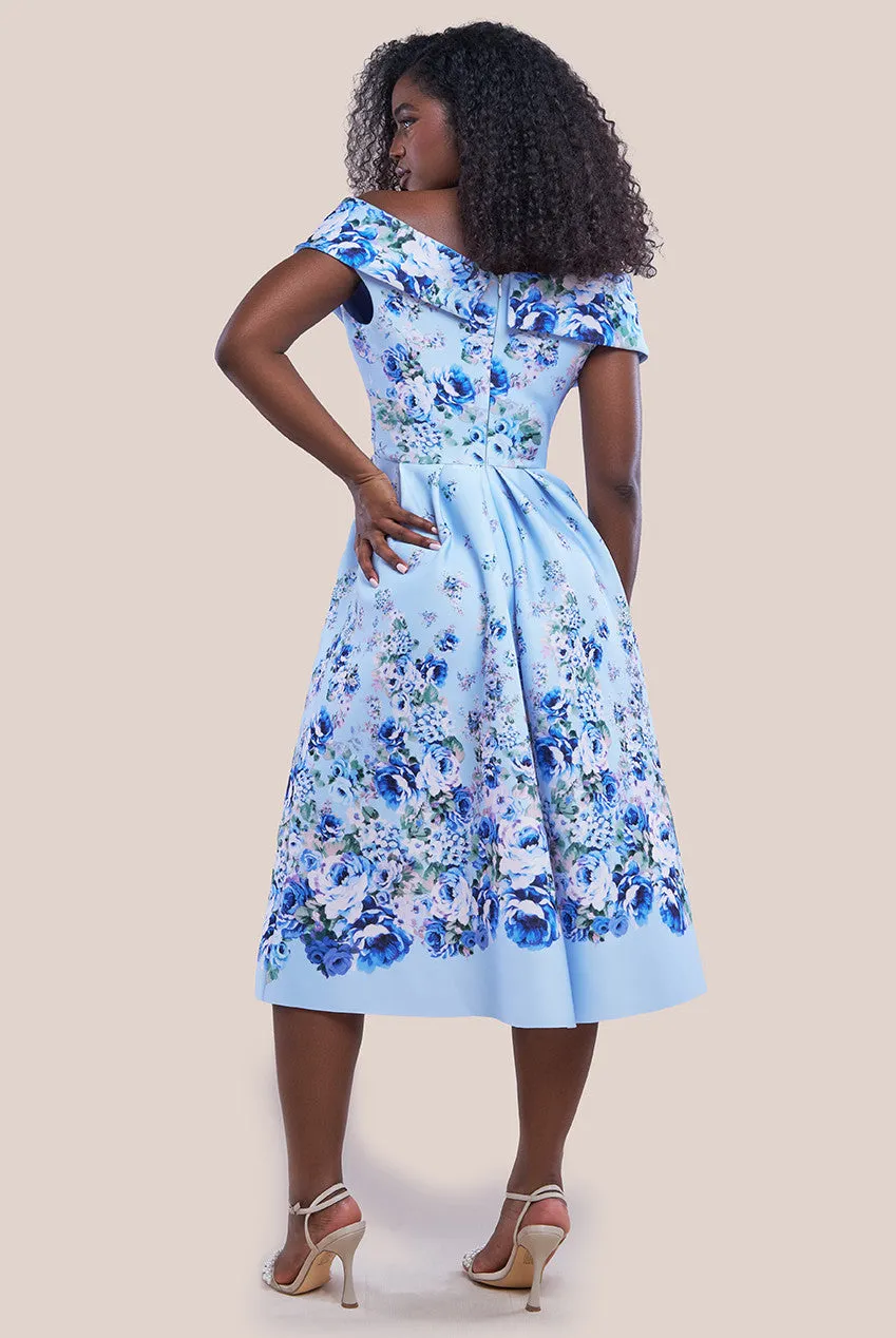 Goddiva Bardot Floral Print A-Line Scuba Foam Midi Dress