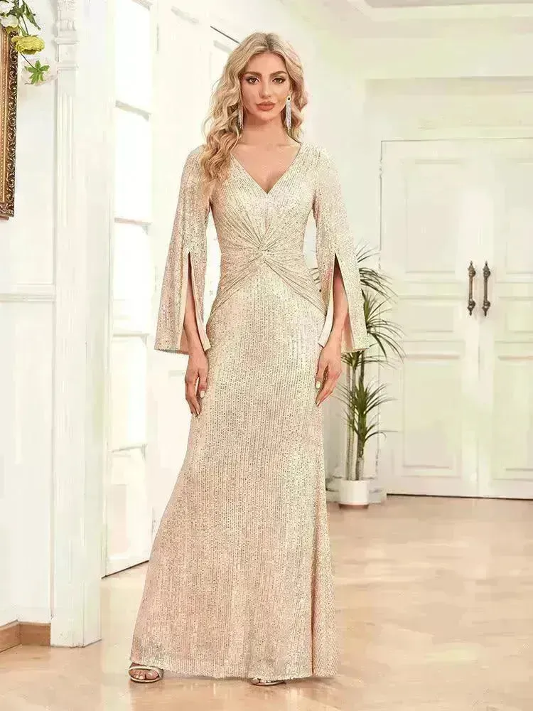 Gold Sequin Slim Fishtail Bridesmaid Banquet Party Wedding Evening Dress