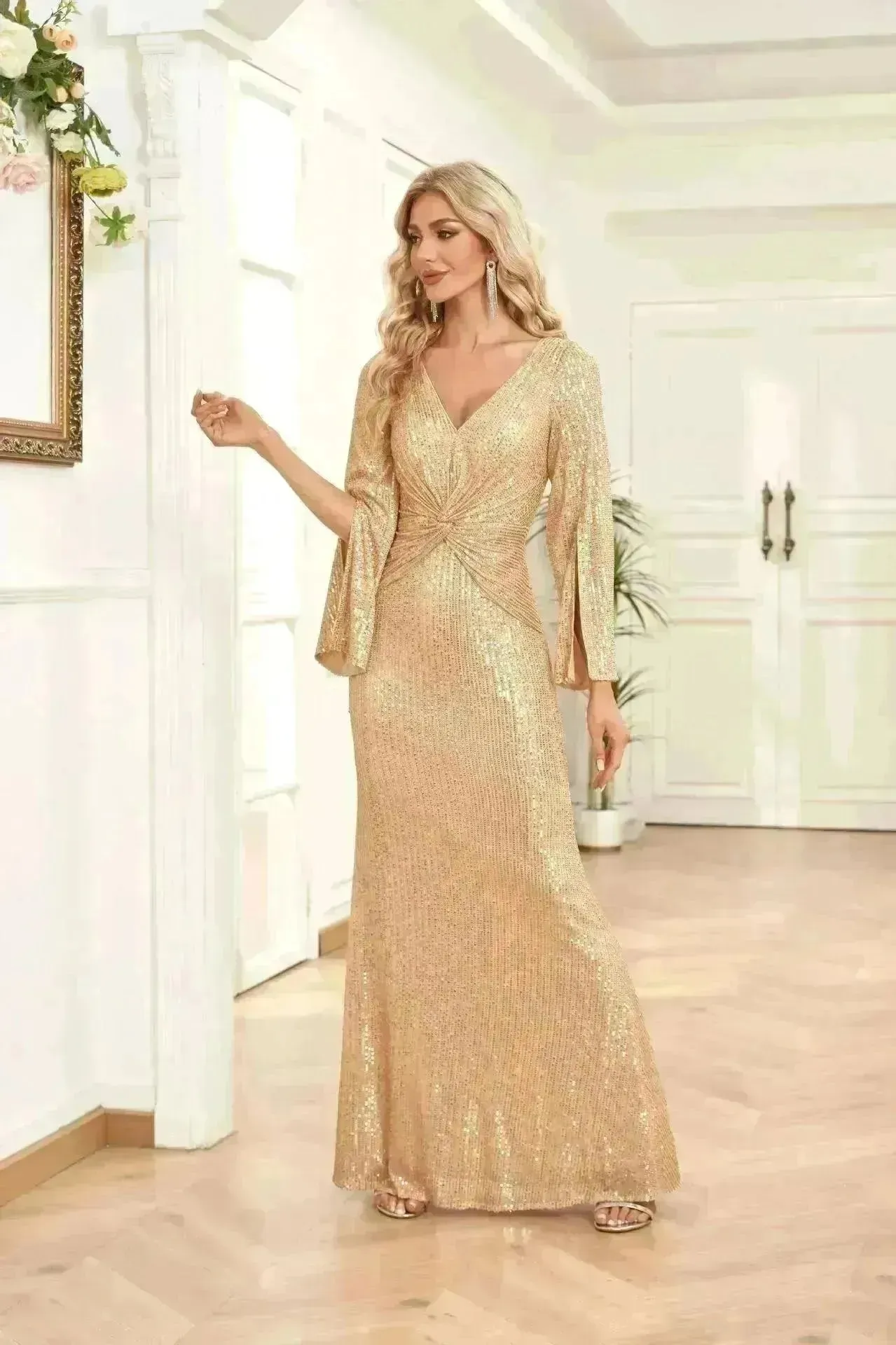 Gold Sequin Slim Fishtail Bridesmaid Banquet Party Wedding Evening Dress