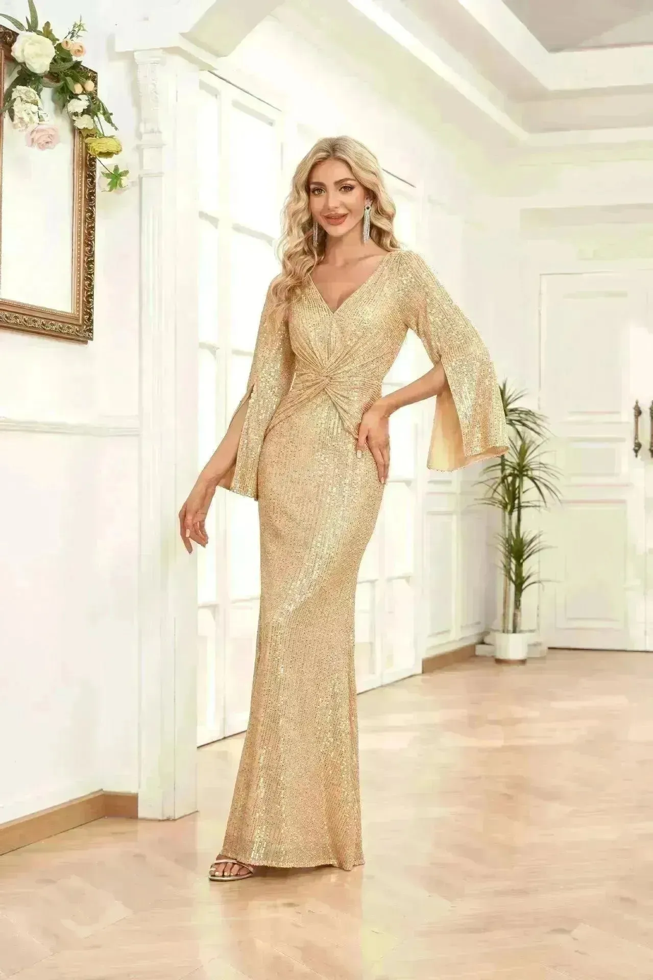 Gold Sequin Slim Fishtail Bridesmaid Banquet Party Wedding Evening Dress