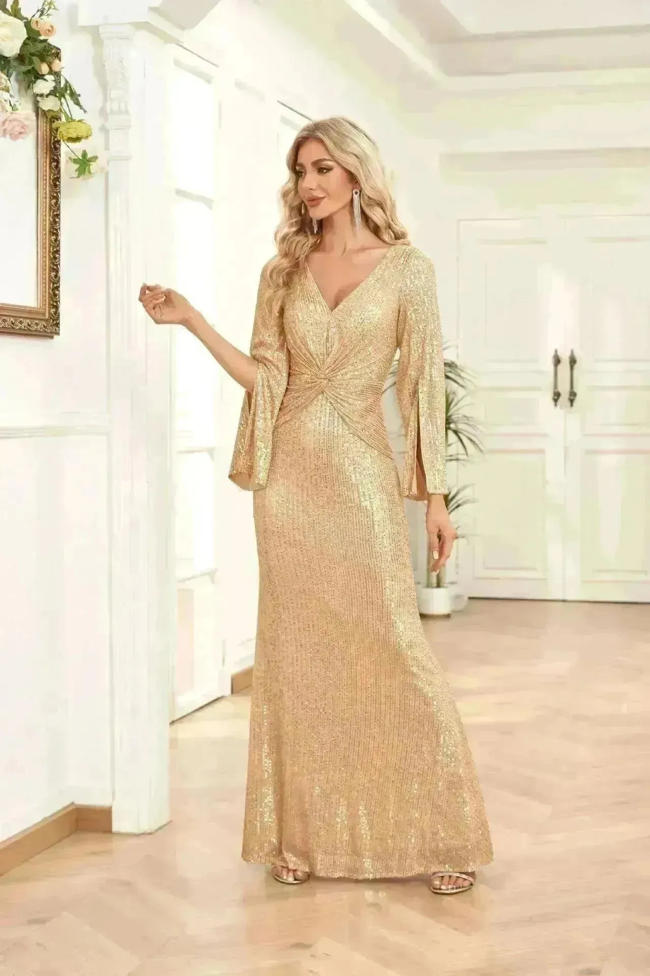 Gold Sequin Slim Fishtail Bridesmaid Banquet Party Wedding Evening Dress