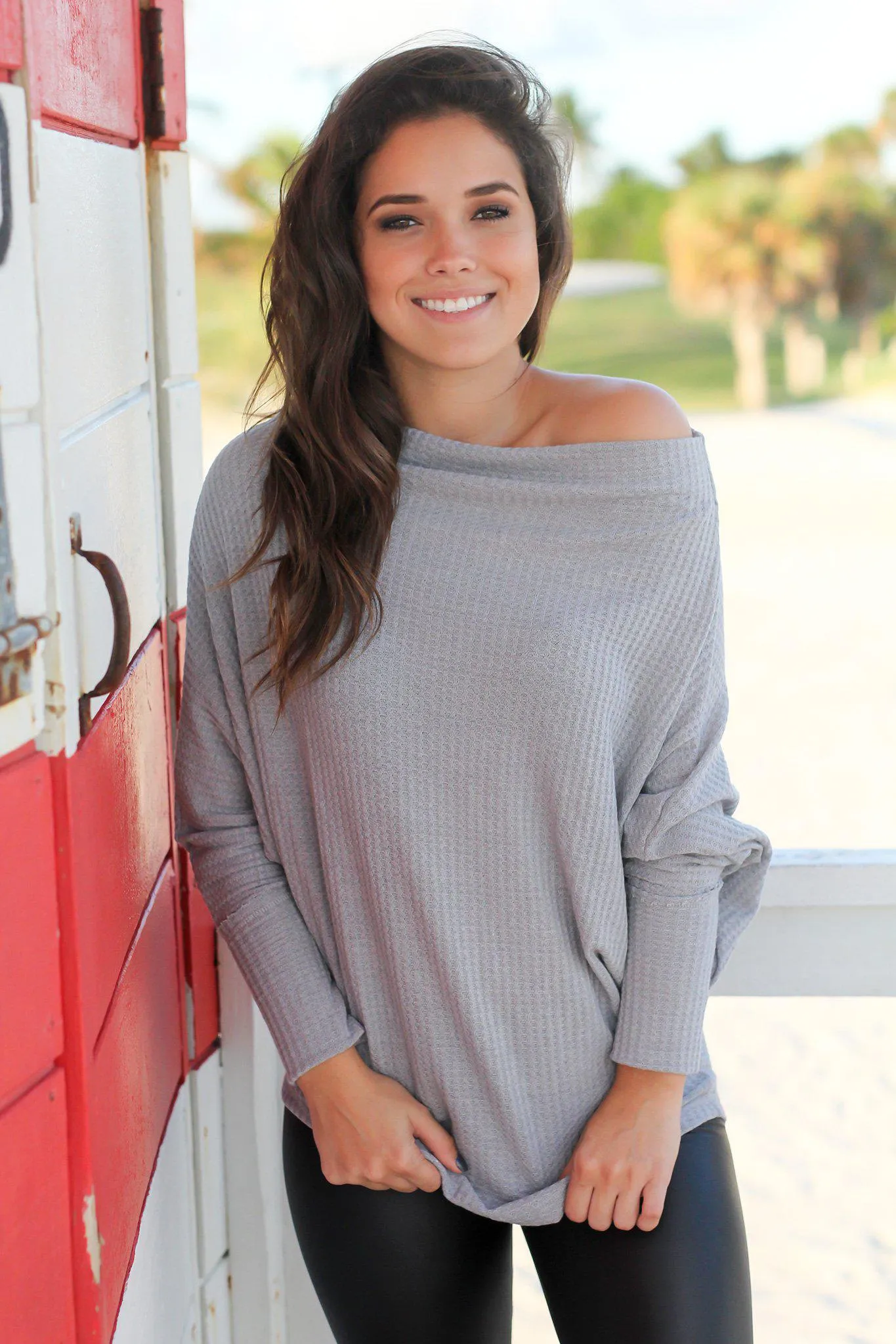 Gray Knit Off Shoulder Top