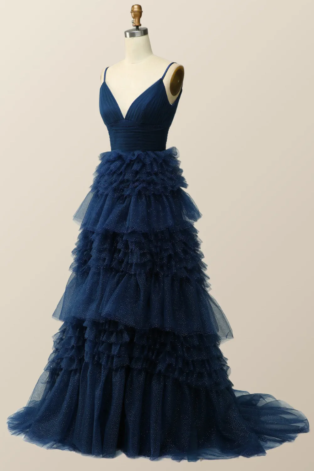 Navy Blue Tiered Ruffle Long Ball Gown with Straps