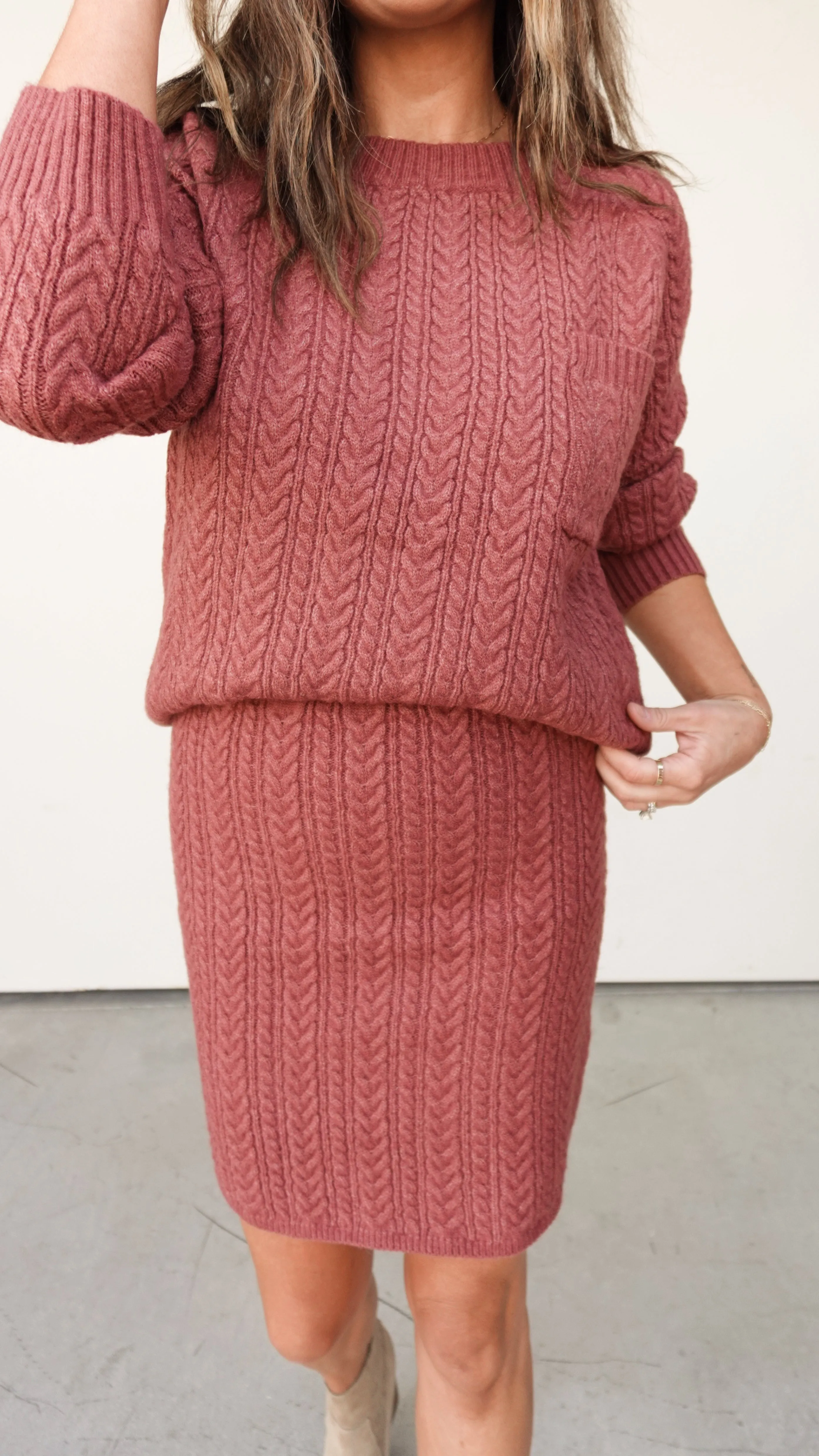 Pastel Maroon Crewneck Sweater and Skirt Set