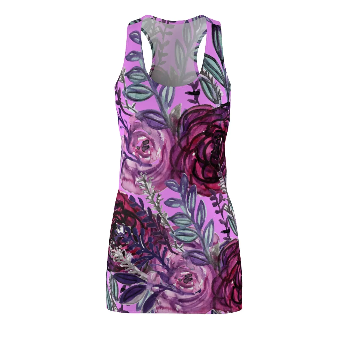 Purple Floral Rose Dress, Flower Print Long Sleeveless Designer Women's Best Racerback Dress - Made in USA
