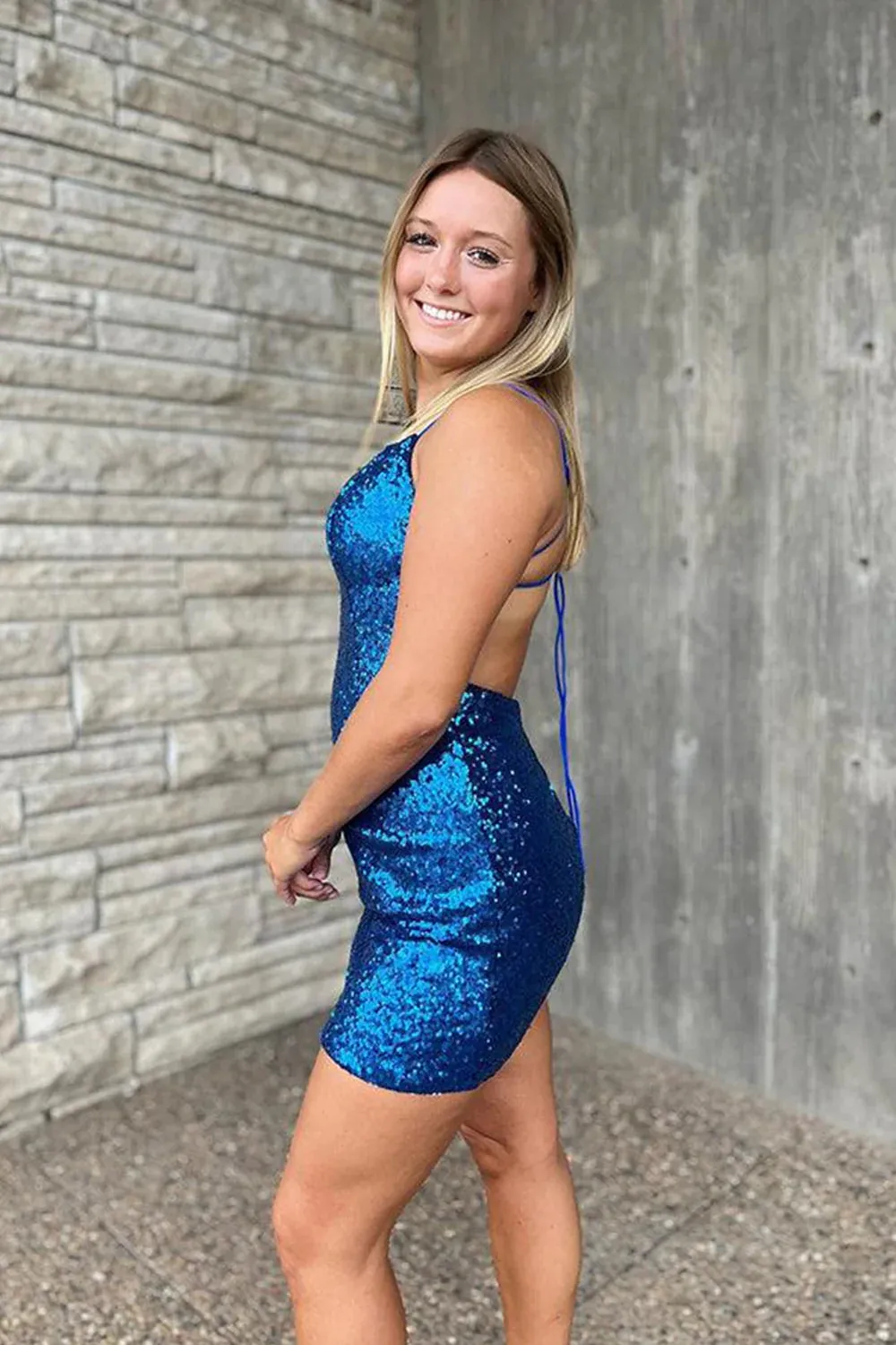 Royal Blue Tight Sequins Backless Homecoming Dress VK23091709