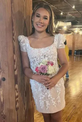 Short Sleeves Ivory Lace Tight Short Homecoming Dress