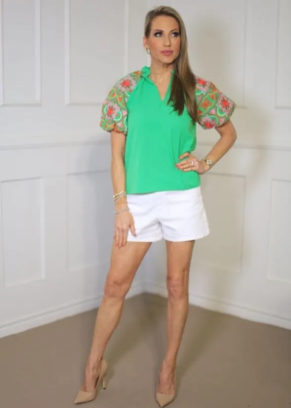 SNAP A PHOTO EMBROIDERED PUFF SLEEVE TEXTURED TOP