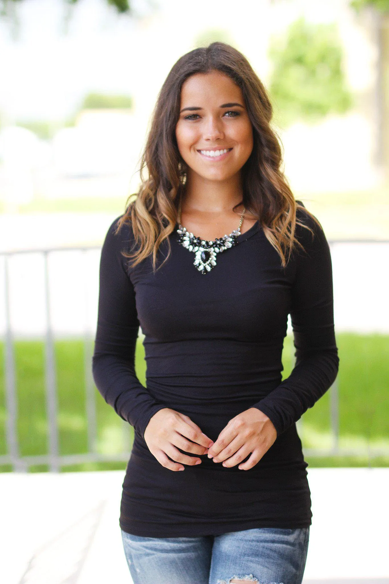 Solid Black Ruched Top With Long Sleeves