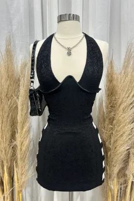 Stasia Lace Halter Mini Dress (Black)