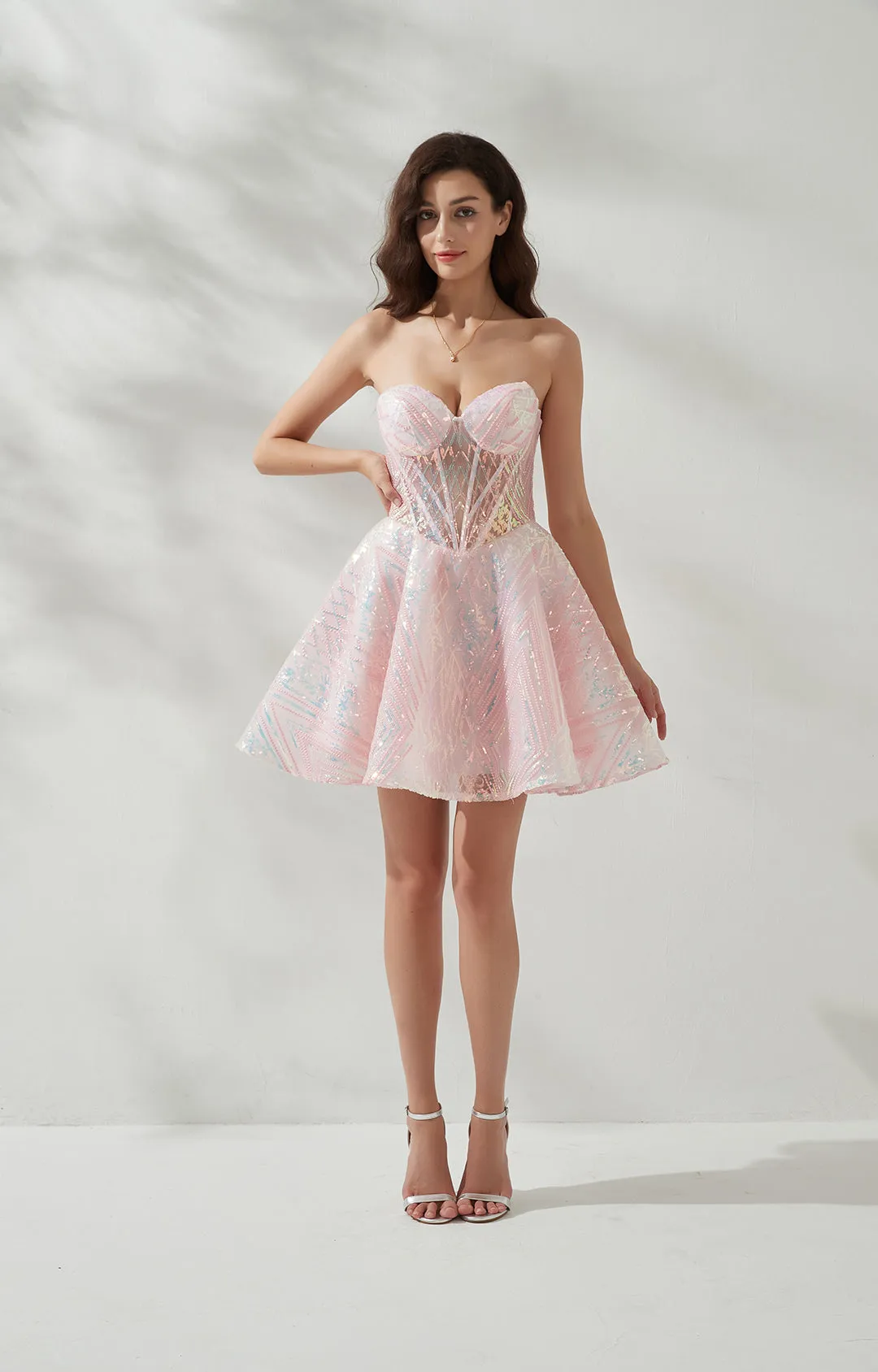 Strapless Heart Collar Appliqued Sequin Puffy Cocktail Party Mini Dress