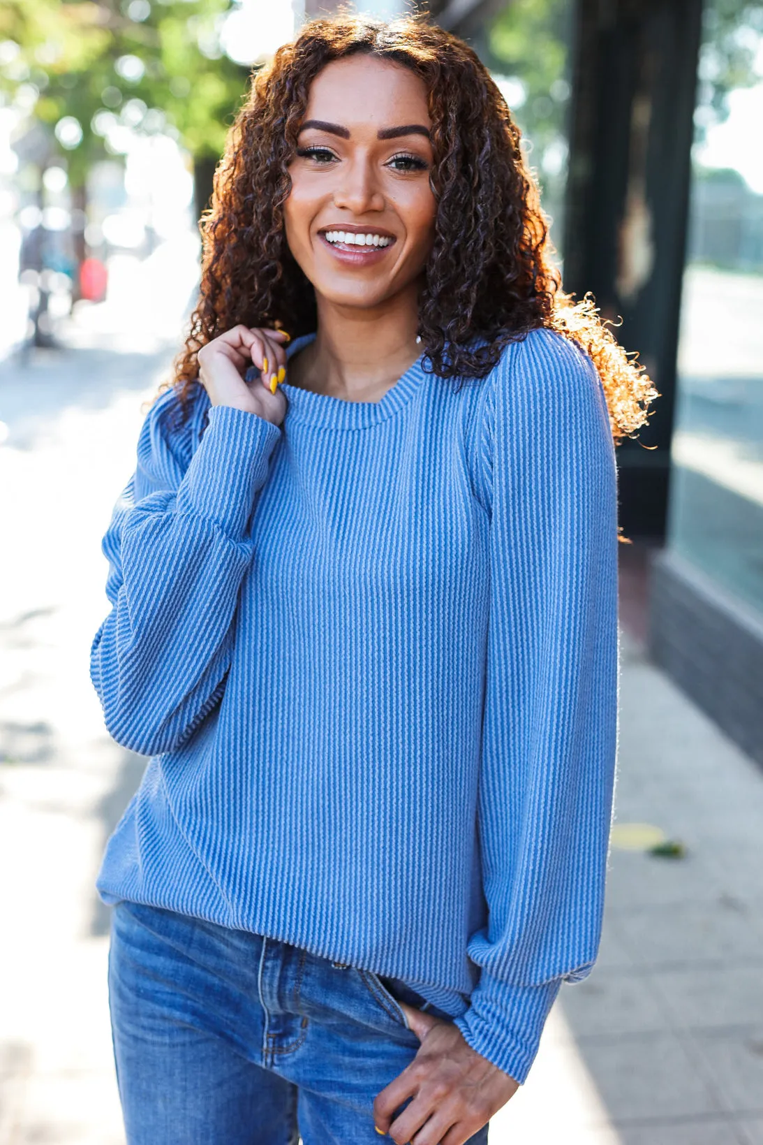 Vintage Denim Rib Mineral Wash Long Sleeve Top