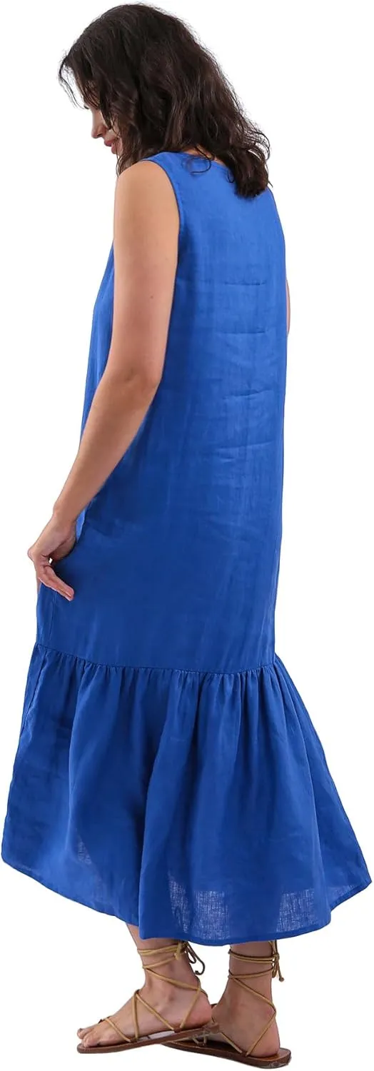 Womens 100% Linen Sleeveless Ruffle Midi Dresses
