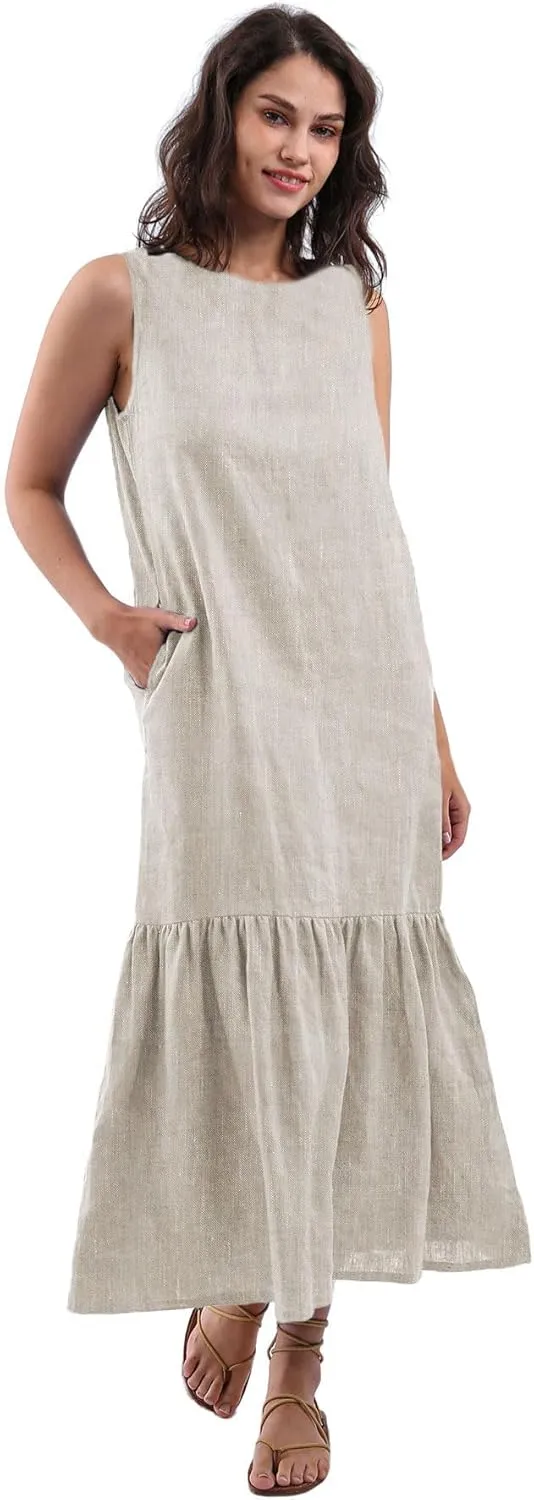 Womens 100% Linen Sleeveless Ruffle Midi Dresses