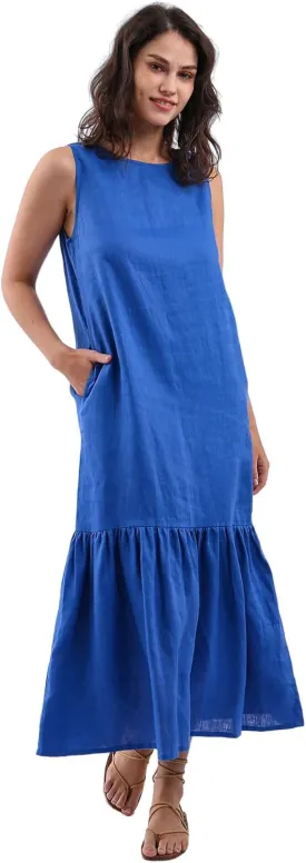 Womens 100% Linen Sleeveless Ruffle Midi Dresses