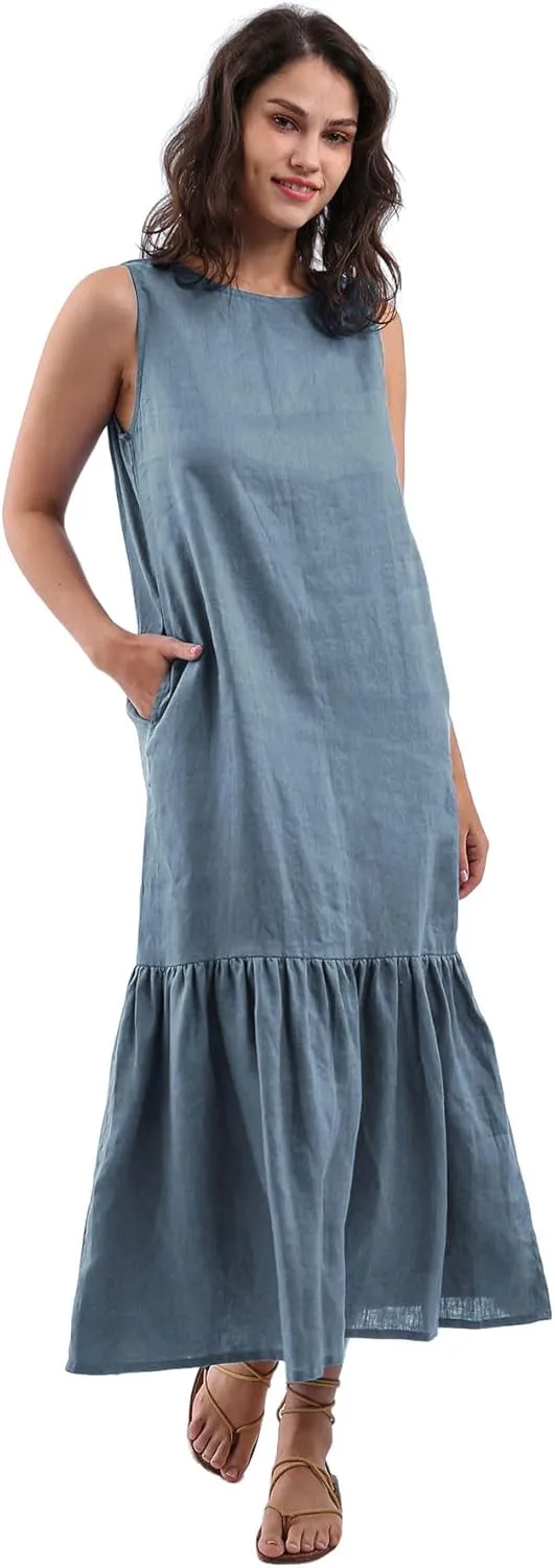 Womens 100% Linen Sleeveless Ruffle Midi Dresses