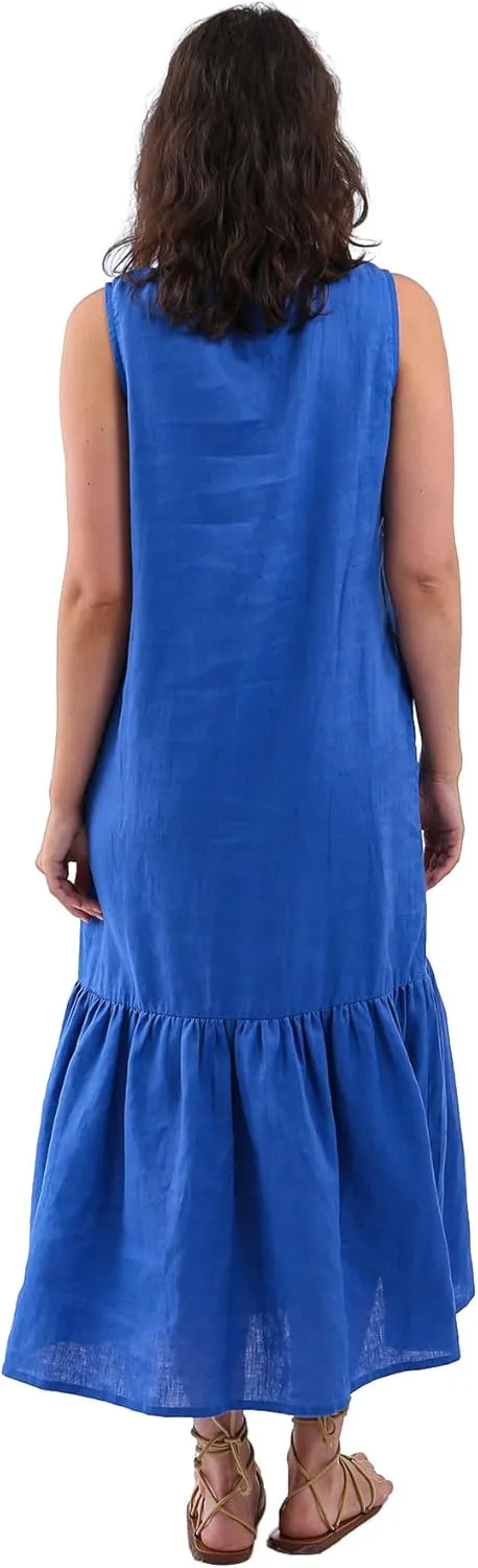 Womens 100% Linen Sleeveless Ruffle Midi Dresses