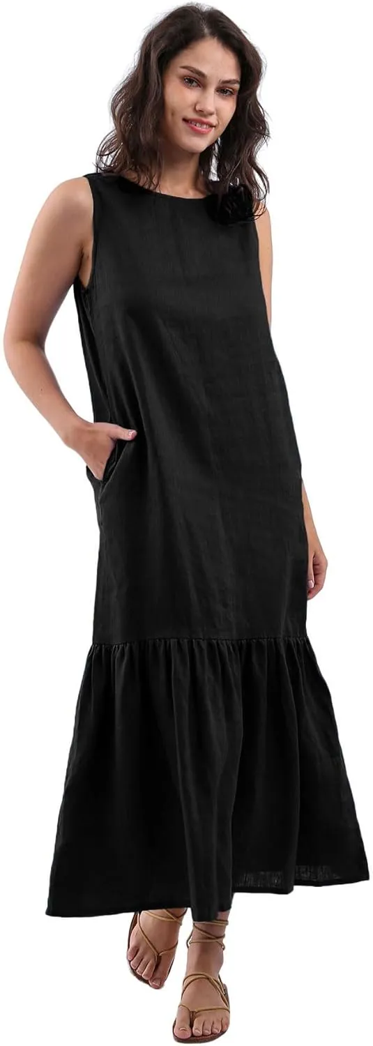 Womens 100% Linen Sleeveless Ruffle Midi Dresses