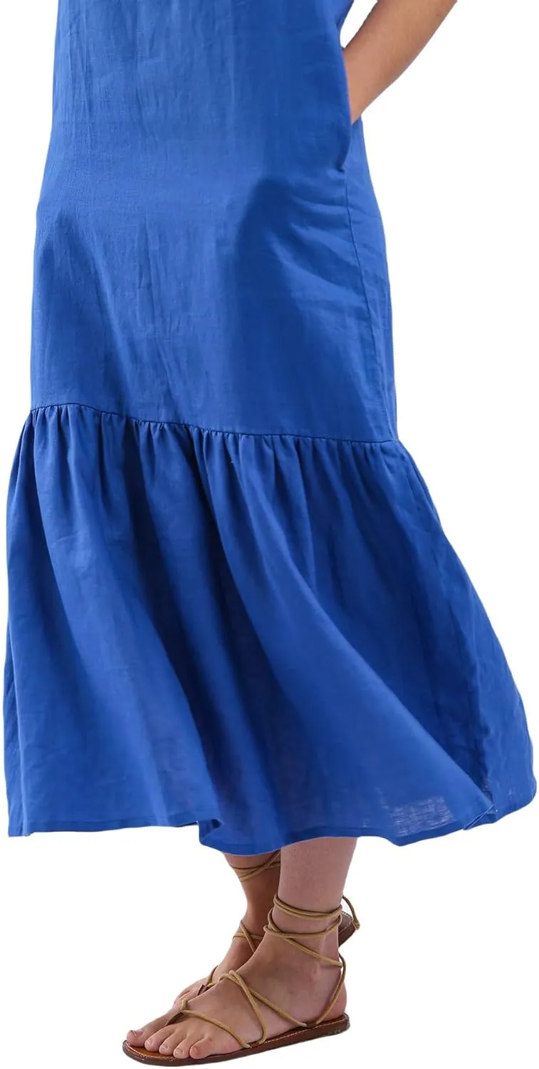 Womens 100% Linen Sleeveless Ruffle Midi Dresses