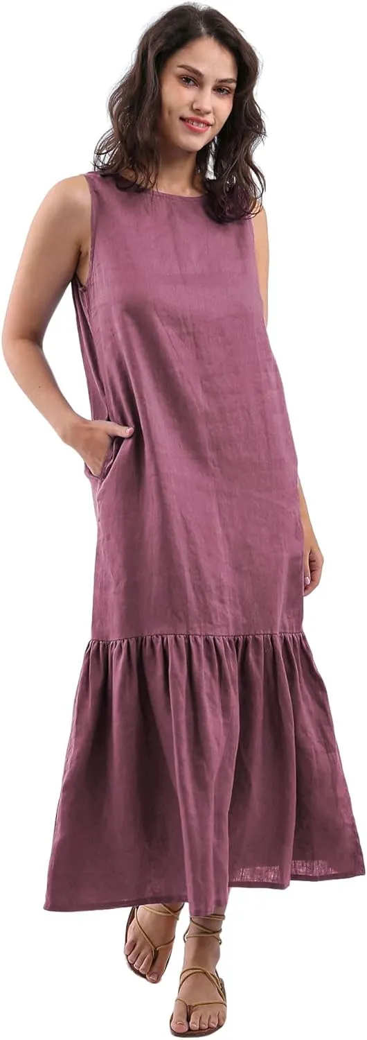 Womens 100% Linen Sleeveless Ruffle Midi Dresses