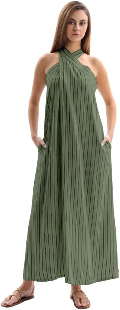 Women's Linen Striped Halter Sleeveless Maxi Dresses
